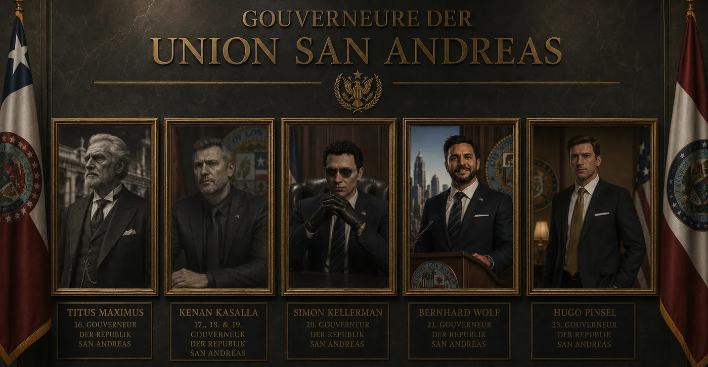 Gouverneure der Union San Andreas: Titus Maximus, Kenan Kasalla, Simon Kellerman, Bernhard Wolf und Hugo Pinsel